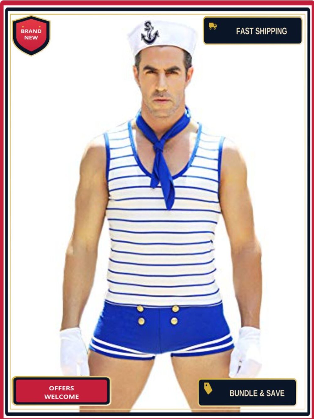 Men's Sailor Costume Cosplay Uniform Set Vest Shorts Hat Tie Gloves Role Play